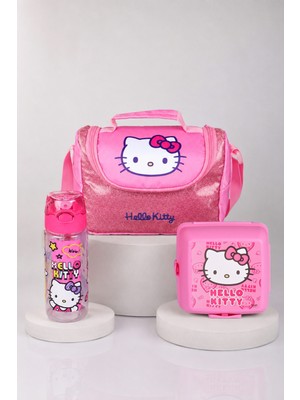 x Dekomus Lisanslı Hello Kitty Glitter Bow Collection Termoslu Beslenme Çantası,beslenme Kabı ve Matara Seti