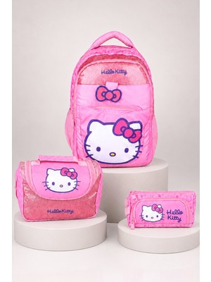 x Dekomus Lisanslı Hello Kitty Glitter Bow Collection Okul Çantası,termoslu Beslenme Çantası ve Kalem Çantası Seti