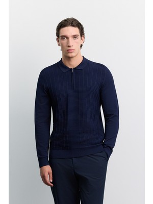 AVVA Erkek Lacivert Polo Yaka Fermuarlı Rayon Karışımlı  Regular Fit Kazak A62Y5022