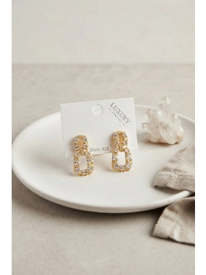 Zirkon Taşlı Gold Renk Pirinç Vintage Kadın Küpe