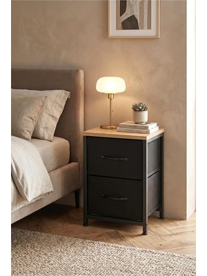 2 Raflı Metal Komodin Yan Sehpa Çok Amaçlı Dolap Organizer Mdf Tabanlı Kumaş Çekmece