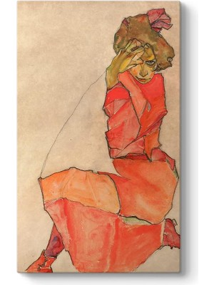 Egon Schiele - Kneeling Female In Orange-Red Dress Tablosu 40 x 70
