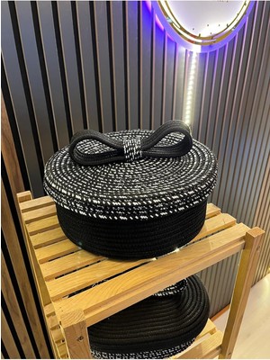 Ahs Tasarım Doğal Jüt Hasır Fiyonk Fonksiyonel Kapaklı Sepet Siyah 24 x 12