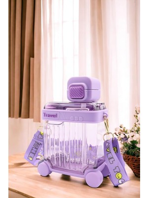 Valiz Tasarımlı Matara 650 Ml, Pipetli Askılı, Kırılmaz Çocuk Okul Suluğu, Mor, Bpa Free