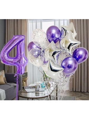 Parti Station Mor 4 Yaş Rakam Balon Seti Doğum Günü Dekorasyonu Psmorset
