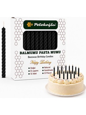 Petekoğlu Siyah Balmumu Mum El Yapımı Küçük Boy Doğum Günü ve Pasta Mumu 12'li 6,5 cm