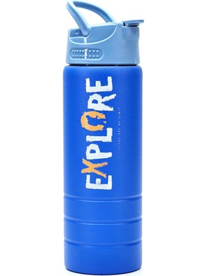 Paslanmaz 304 Çelik Matara Pipetli Motivasyon Matarası Suluğu 304 Çelik Suluk Mavi 750 ml 1156