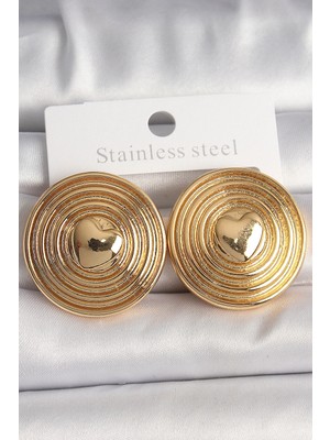 Uslucan Alışveriş Pirinç Gold Renk Kalp Işlemeli Daire Plaka Model Kadın Küpe 5886