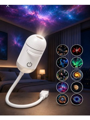 Azurtech USB Galaksi Projektör LED Gece Lambası  9 Filmli 2'si 1 Arada Ambiyans Işık