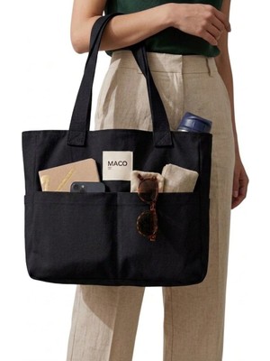 Maco Collection Kalın Gabardin Tote Bag Uzun Askılı Çok Cepli Geniş Omuz Çanta