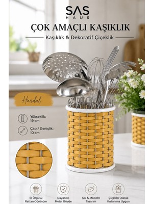 Sas Haus Hasır Görünümlü Metal Kaşıklık 19 cm – Tezgâh Üstü Çok Amaçlı Mutfak Düzenleyici ve Dekoratif Çiçeklik