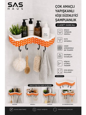 Sas Haus Hasır Görünümlü Yapışkanlı Köşe Şampuanlık 4 Kancalı Plastik Banyo Düzenleyici