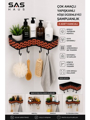 Sas Haus Hasır Görünümlü Yapışkanlı Köşe Şampuanlık 4 Kancalı Plastik Banyo Düzenleyici