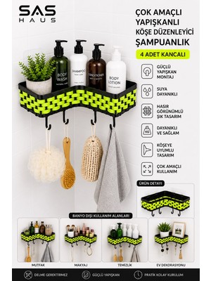Sas Haus Hasır Görünümlü Yapışkanlı Köşe Şampuanlık 4 Kancalı Plastik Banyo Düzenleyici