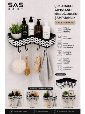 Sas Haus Hasır Görünümlü Yapışkanlı Köşe Şampuanlık 4 Kancalı Plastik Banyo Düzenleyici