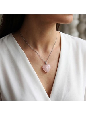 Taş Sandığı Pembe Kuvars Taşı Kalp Kolye - Çelik Zincirli Açık Renkli