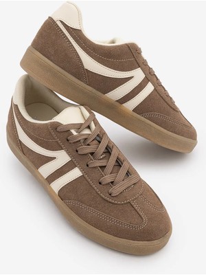 Marjin Kadın Sneaker Bağcıklı Düz Taban Spor Ayakkabı Tiyone Vizon Süet