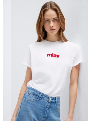 Mavi Kırmızı Miav Baskılı Beyaz Tişört 1610622-86417