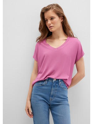 Mavi V Yaka Pembe Basic Viskoz Tişört 167714-70955