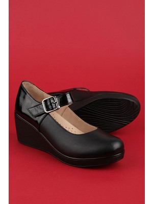 Gondol Hakiki Deri Dolgu Topuk Günlük Anne Ayakkabı NHR.349 Siyah