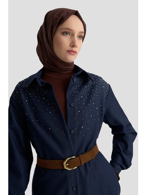 Armine Taş Işlemeli Denim Efektli Takım Lacivert