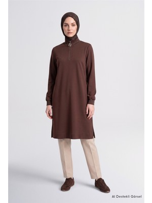 Armine Fermuar Detaylı Basic Tunik Acı Kahve