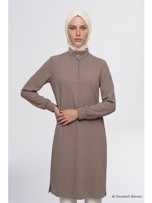 Armine Fermuar Detaylı Basic Tunik Vizon