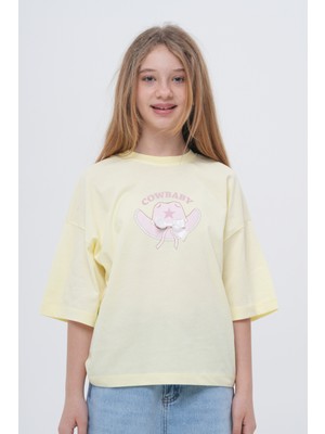 Haykids Kız Çocuk Oversize Cowbaby Baskılı T-Shirt - Kurdele Detaylı Kovboy Şapkalı Tişört