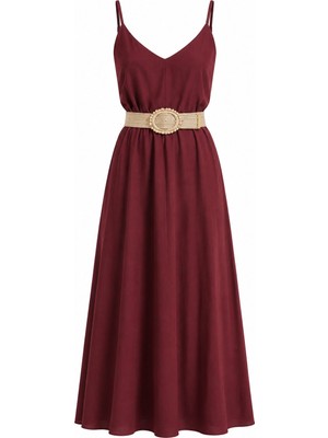 Laluvia Bordo Hasır Kemerli Elbise - 2Y3303