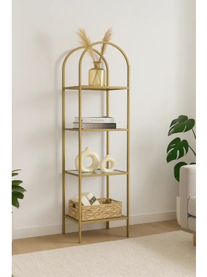Dekopratik Mona Gold 40CM Füme Camlı Köşe Kitaplık Metal Malzeme ile 4 Raflı Modern Tasarım