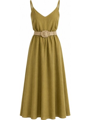 Laluvia Olive Hasır Kemerli Elbise - 2Y3303