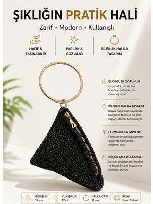 Holistic Siyah El Örgüsü Kadın Bileklik Çanta Gold Halka Saplı Fermuarlı Mini El Çantası Şık Davet Çantası