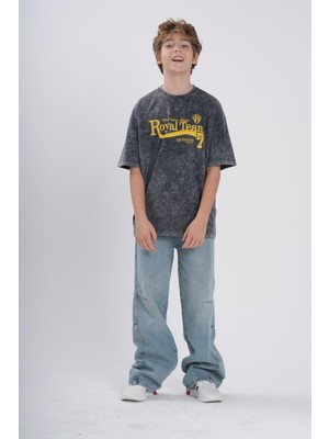Haykids Erkek Çocuk "royal Team 7" Baskılı Acid Wash Wash Yıkamalı Oversize T-Shirt - Antrasit / Açık Gri