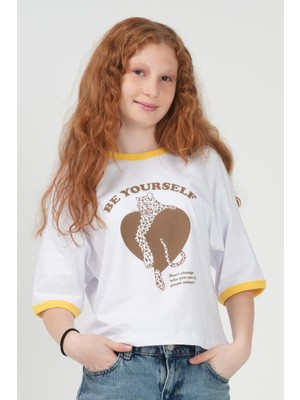 Haykids Kız Çocuk "be Yourself" Leopar Baskılı Biyeli Oversize Tişört - Pamuklu Ringer T-Shirt