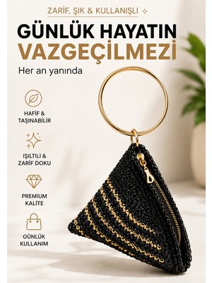 Holistic Siyah Çizgili El Örgüsü Kadın Bileklik Çanta Gold Halka Saplı Fermuarlı Mini El Çantası Şık Davet Çantası