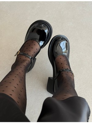 Selin Shoes Nora  Kısa Topuklu Bilek Detaylı Gold Aksesuarlı Kadın Loafer- Siyah Rugan