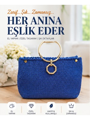 Holistic Kadın El Örgüsü Çanta Gold Halka Saplı Gece Mavisi El Çantası Günlük Şık Örgü Omuz Çantası