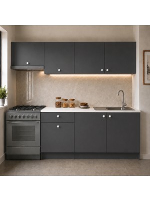 T Designo Giza Hazır Mutfak Dolabı 240 cm - Beyaz Laminat Tezgah Dahil - Mat