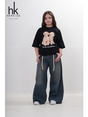 Haykids Kız Çocuk Ikili Köpek Baskılı Oversize T-Shirt - Poodle Incili "to Be Wonderful" Tişört