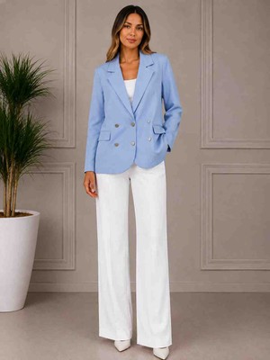 Gülcan Butik Kadın Bebe Mavisi Çift Düğmeli Blazer Ceket