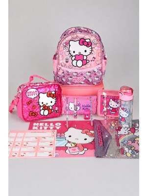 TEK BÖLMELİ KÜÇÜK BOY 32 CM HELLO KITTY ANAOKUL,BESLENME VE KALEM ÇANTASI İLE BESLENME KABI,MATARA KIRTASİYE OKUL SETİ