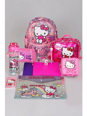 TEK BÖLMELİ KÜÇÜK BOY 32 CM HELLO KITTY ANAOKUL,BESLENME VE KALEM ÇANTASI İLE BESLENME KABI,MATARA KIRTASİYE OKUL SETİ