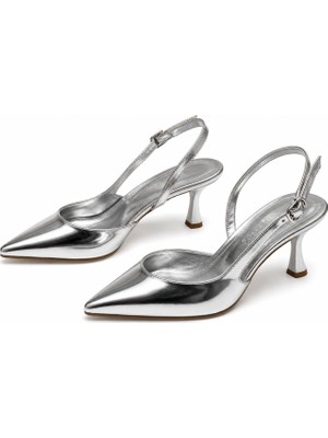 Asmi Shoes Kadın Siena Gümüş Ayna 7 cm Topuklu Sivri Burun Arkası Açık Atkılı Ayakkabı