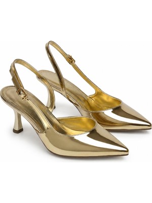 Asmi Shoes Kadın Siena Altın Rugan 7 cm Topuklu Sivri Burun Arkası Açık Atkılı Ayakkabı