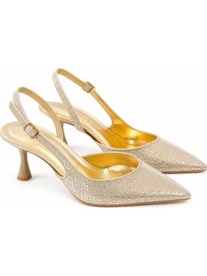 Asmi Shoes Kadın Siena Altın Baskılı 7 cm Topuklu Sivri Burun Arkası Açık Atkılı Ayakkabı