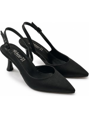 Asmi Shoes Kadın Siena Siyah Süet 7 cm Topuklu Sivri Burun Arkası Açık Atkılı Ayakkabı