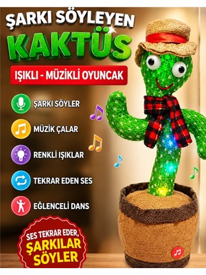 LRS Store Şarkı Söyleyen Dans Eden Kaktüs Oyuncak | Şarjlı Ses Tekrar Eden Işıklı Müzikli Konuşan Kaktüs | Eğitici Eğlenceli Peluş Oyuncak