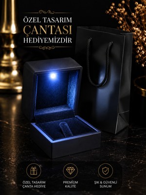 Black Design Premium LED Işıklı Yüzük Kutusu / Siyah Deri Dokulu Tektaş Pırlanta Alyans Kutusu / Evlilik Teklifi Nişan Söz Sunum Kutusu / Özel Tasarım Çantasıiile Gönderecektir