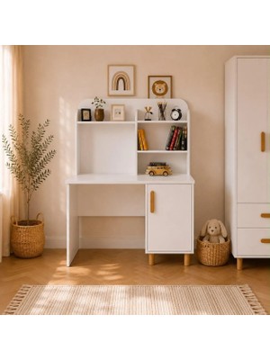 Afilli Bohem Çalışma Masası Beyaz MDF Modern Tasarım Dikdörtgen 110 cm Genişlik 135 cm Yükseklik