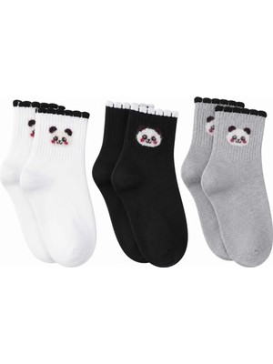 Fantezia Wak Kadın Panda Desenli Kısa Konç Çorap 3’lü Paket, %80 Pamuklu Dikişsiz Burun, Nefes Alan Yumuşak Bilek Çorabı, Siyah Beyaz Gri